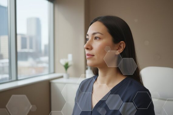 Woman in aesthetic clinic, looking thoughtfully out a window, with a modern interior and hexagonal graphic overlays, representing skin rejuvenation treatments.