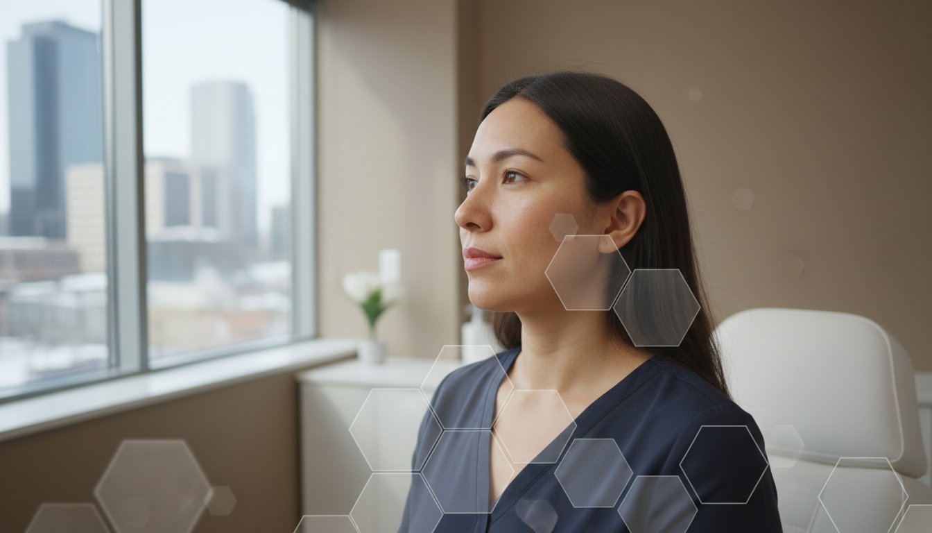 Woman in medical attire gazing out a window in a skincare clinic, with hexagonal graphics overlay, representing skin health and chemical peel treatments in Edmonton.