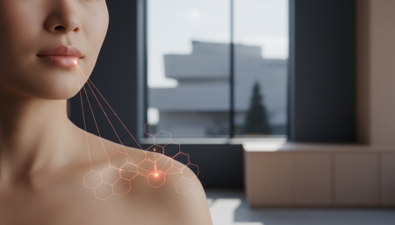 Woman's face with laser treatment effect, highlighting skin rejuvenation and laser hair removal benefits in a modern aesthetic clinic setting.