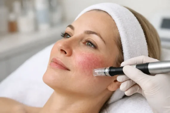 Microneedling procedure being performed on a client's face in an aesthetic clinic setting, focusing on skin rejuvenation and treatment for conditions like rosacea.