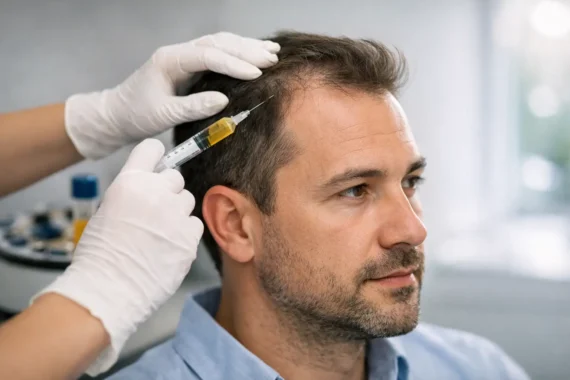 Medical professional administering PRP treatment for hair loss in a clinical setting.