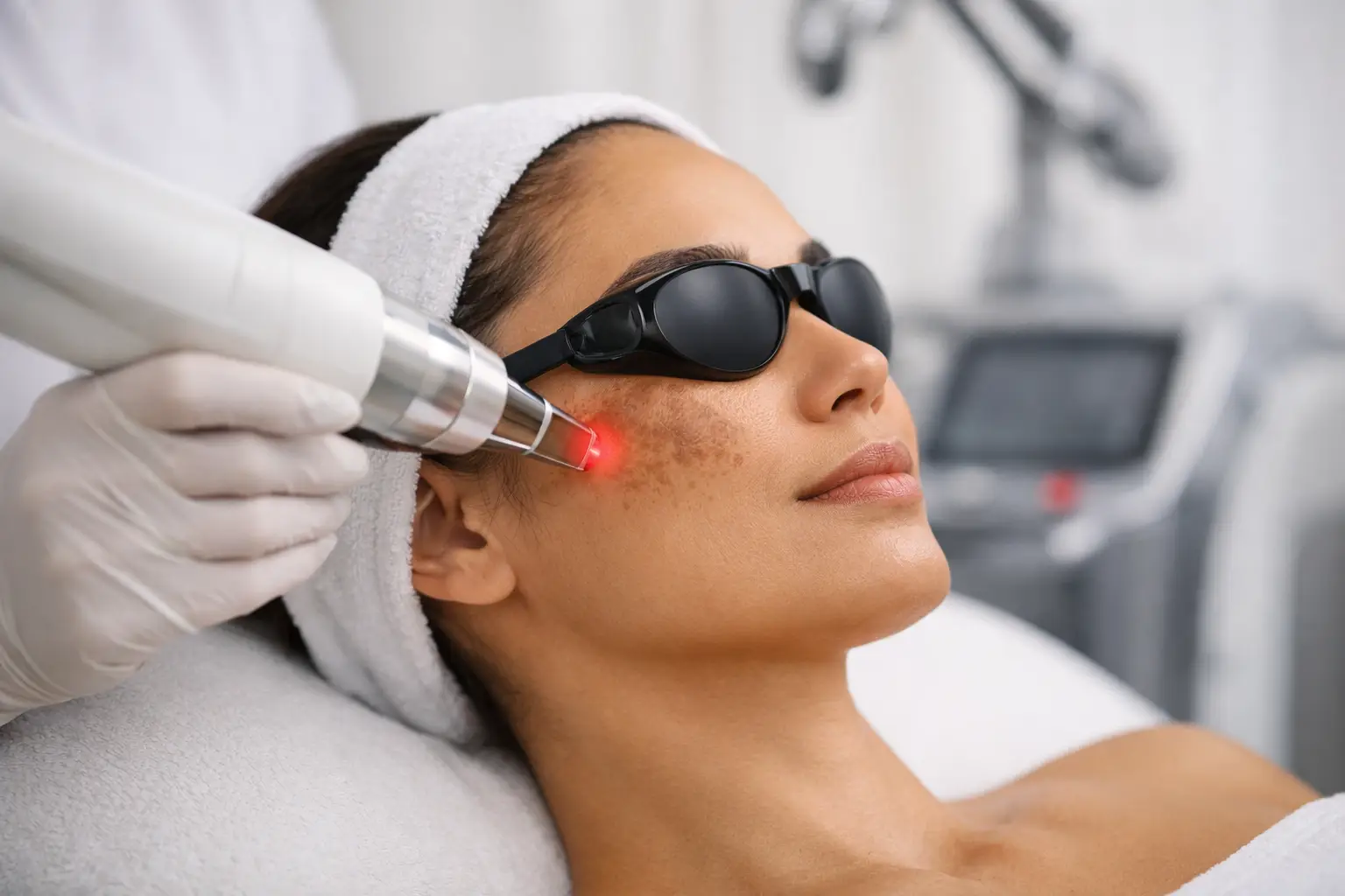Woman receiving laser treatment for pigmentation on her cheek, wearing protective goggles, with a laser device in use, in a clinical setting.