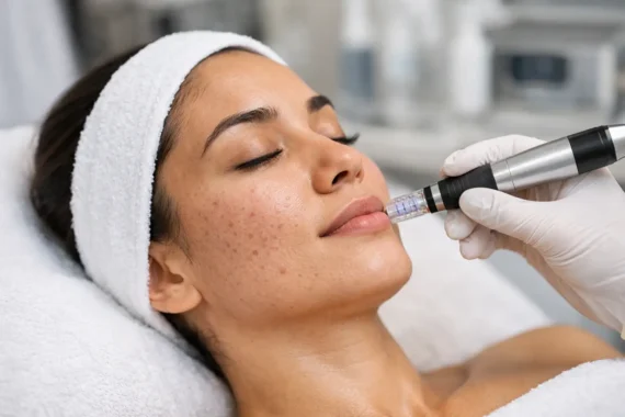Microneedling treatment in progress, focusing on facial rejuvenation and acne scar improvement at Balwin Aesthetics.
