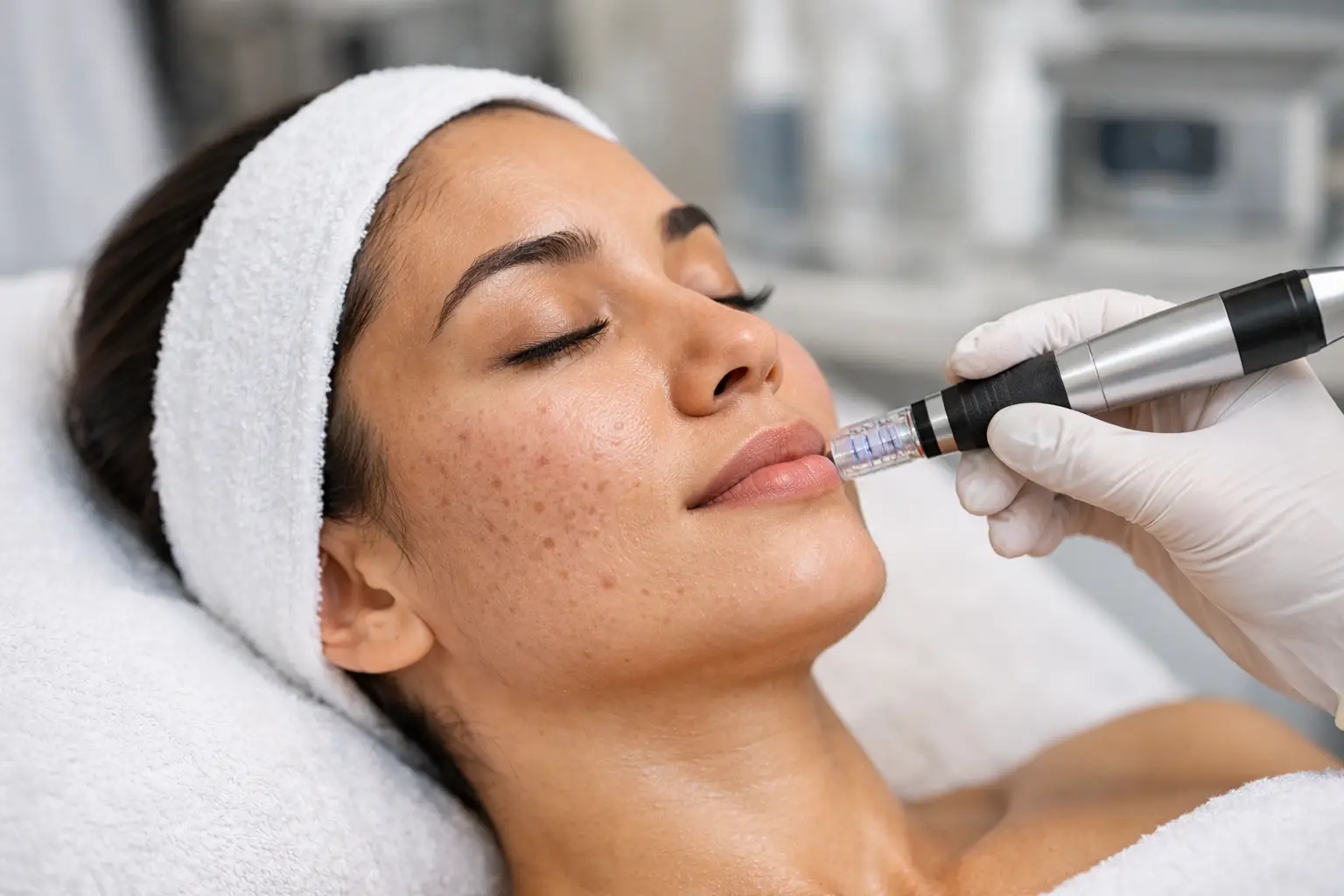 Woman undergoing microneedling treatment for acne scars, with a professional applying a microneedling device on her skin, showcasing the procedure's focus on skin texture improvement.