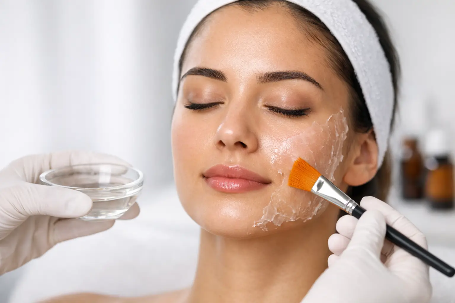 Woman receiving a chemical peel treatment, with a gloved hand applying solution to her face using a brush, showcasing skincare procedure for improved tone and texture.