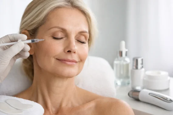 Woman receiving non-surgical wrinkle treatment at Balwin Aesthetics clinic in Edmonton.