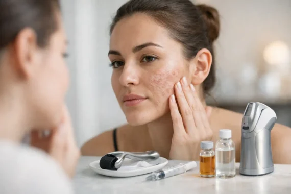 Woman examining acne scarring and skin treatments for best results.