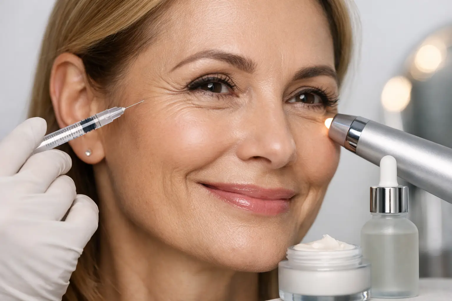 Woman receiving crow's feet treatment with syringe and aesthetic device at Balwin Aesthetics.