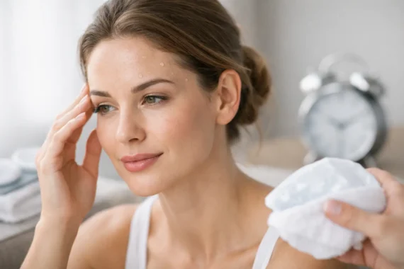 Woman’s face after Botox treatment, post-care instructions and clock.