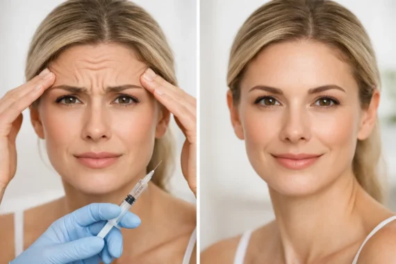 Before and after Botox treatment for forehead lines and wrinkles.