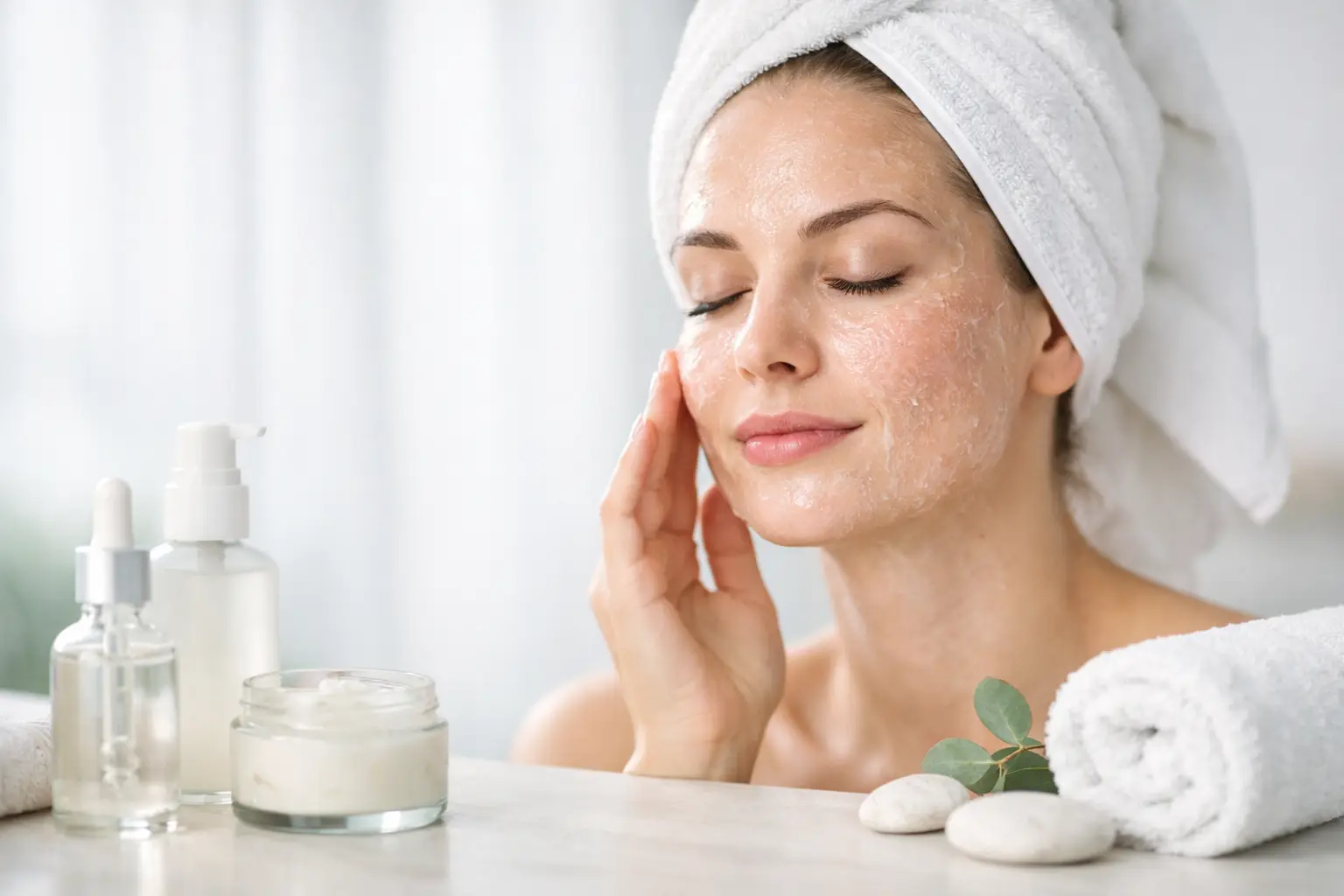 Woman with towel on head and skincare products illustrating chemical peel aftercare and healing.