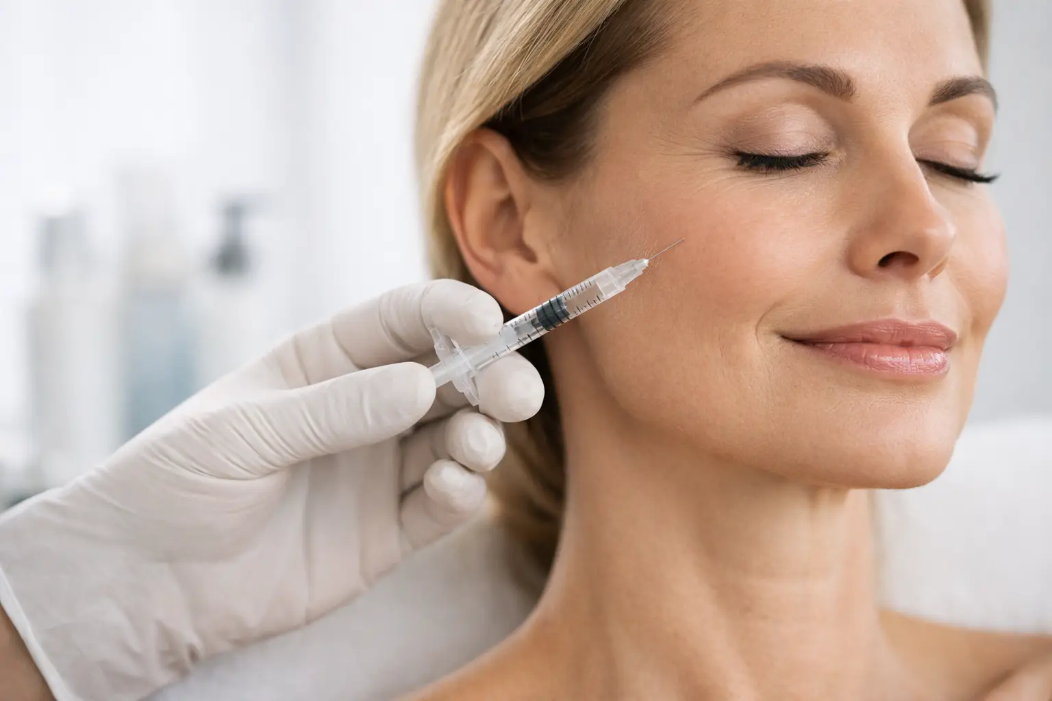 Woman receiving dermal filler injection for cheek restoration, demonstrating natural-looking rejuvenation.